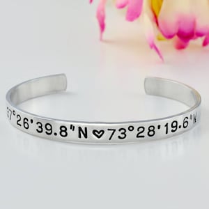 Coordinates Bracelet - Hand Stamped Sterling Silver Cuff Bracelet, Meaningful Customized Personalized Gift, GPS Location, Solid .925 Jewelry