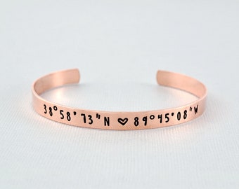Latitude Longitude Coordinates - Hand Stamped Cuff Bracelet, GPS Location Bracelet, Meaningful Personalized Gift, Aluminum, Brass or Copper