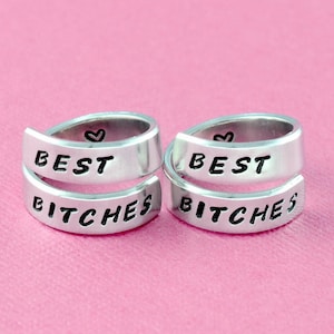 Best Bitches- Hand Stamped Aluminum Spiral Wrap Ring Set of 2, Best Friends BFF Besties Rings, Soul Sisters Friendship Gift
