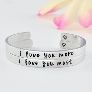 i love you more i love you most- Hand Stamped Cuff Bracelets Set of 2, Mother Daughter Sisters Couples Bracelets, Best Friends Gift, V1
