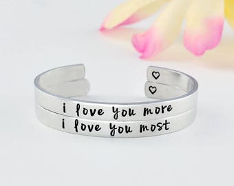 i love you more i love you most- Hand Stamped Cuff Bracelets Set of 2, Mother Daughter Sisters Couples Bracelets, Best Friends Gift, V1