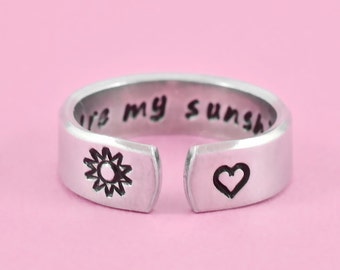 you are my sunshine - Hand Stamped Cuff Ring, Sun Heart symbol Ring, secret message ring, Mom Daughter Sisters Best Friends BFF Gift