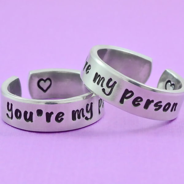 you're my person - Hand Stamped Cuff Rings Set, Couples Promise, Sorority Sisters Best Friends Friendship Gift, V1