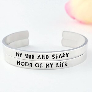 My Sun And Stars, Moon of My Life - Hand Stamped Aluminum Bracelet Set of Two, Gift for Couples Promise, Best Friends Friendship