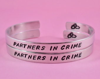 Partners In Crime- Hand Stamped Aluminum Cuff Bracelets Set of 2, Handcuff bracelets, Best Friends Jewelry, BFF With Friendship Quote Gift