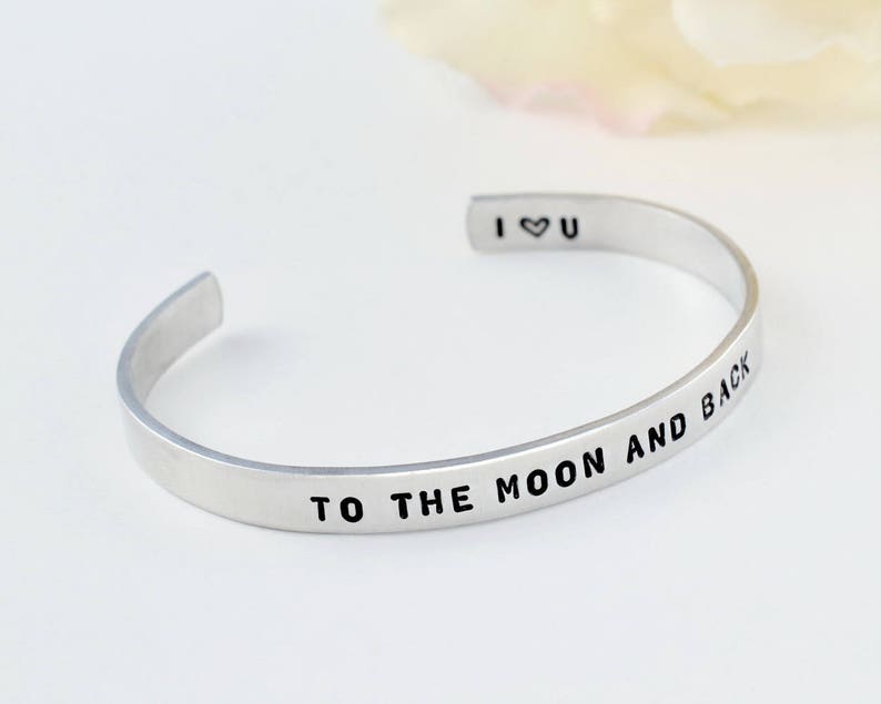 Mom Daughter Sisters Best Friends BFF Couples Lovers Personalized Gift Hand Stamped Aluminum Bracelet I Love You To The Moon And Back