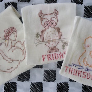 Hand Embroidered Tea Towels (Squirrel, Owl, and Duck) set of 3