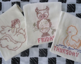 Hand Embroidered Tea Towels (Squirrel, Owl, and Duck) set of 3