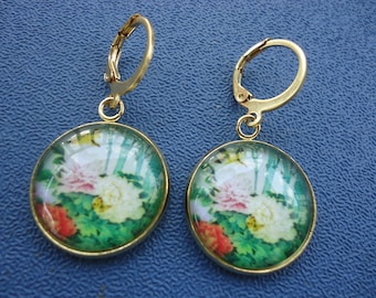 Carnation Flower Cabachon Drop Earrings