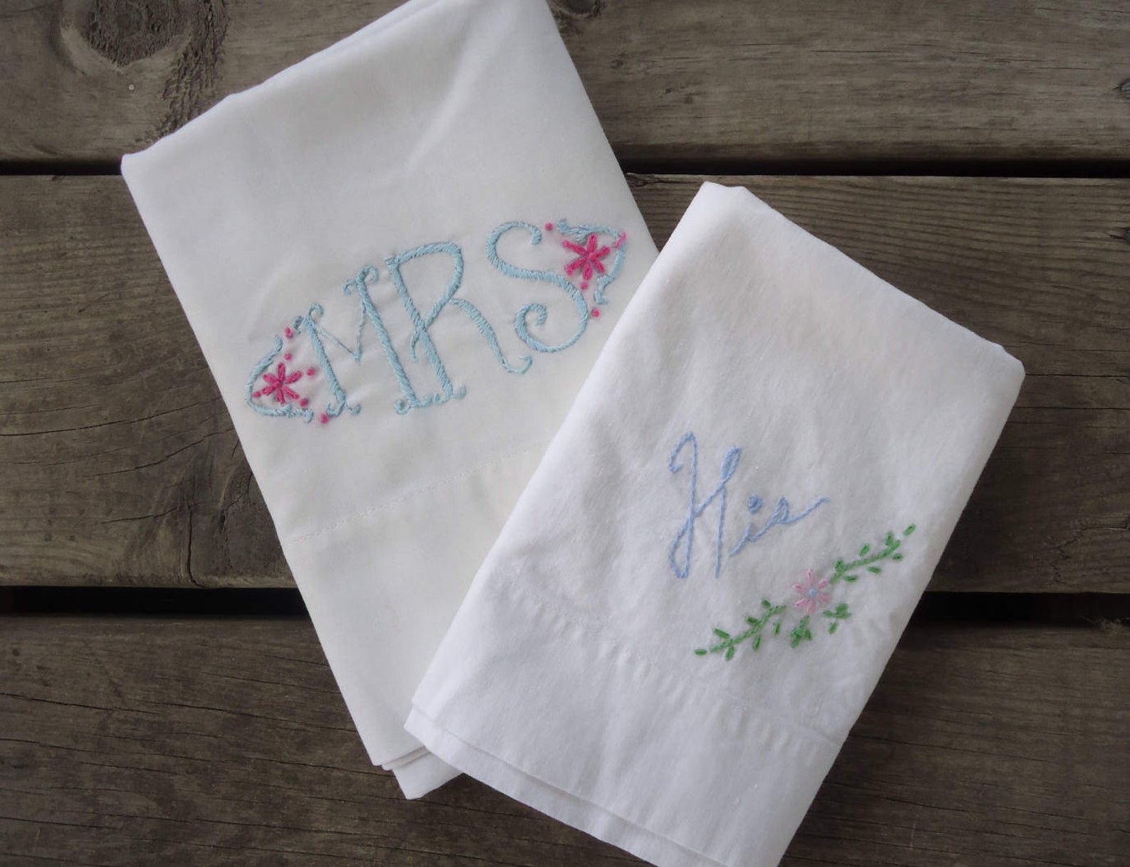 Mrs. and His Embroidered Pillowcases Etsy