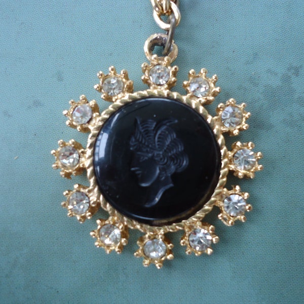 Onyx Cameo and Rhinestone Necklace