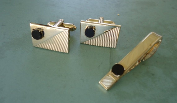 Dante Gold and Black Onyx Cuff Links and Tie Bar … - image 1