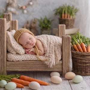 Pode incluir: Um bebé a dormir, usando um gorro de malha e envolto numa manta, descansa numa cama de madeira em miniatura. A cena é decorada com cenouras, ovos e vegetação, criando um ambiente rústico com tema de Páscoa.