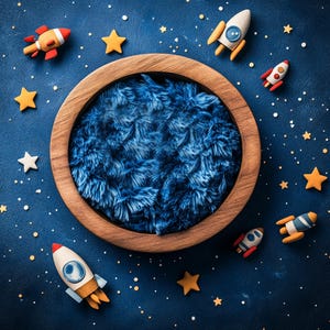 Puede incluir: Un fondo de piel sintética azul para fotografía de recién nacidos con un marco de madera y un tema espacial. El fondo está rodeado de pequeños cohetes y estrellas de juguete.