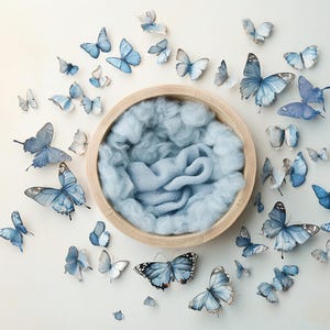 Set di 3 fondali digitali per neonati classici, cestino, farfalle blu