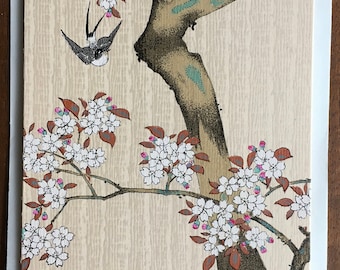 12-color Japanese handprinted vintage woodblock: one greeting card with phoenix watermark rice paper insert, suitable for framing, 8.5x4"