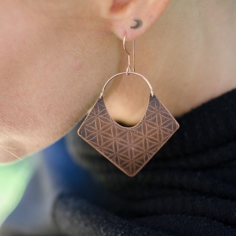 Flower of Life in Patinated Copper Earrings / 14K Rose Gold / Etched Copper Earrings / Festival Jewelry / Boho Jewelry / Sacred Geometry image 6