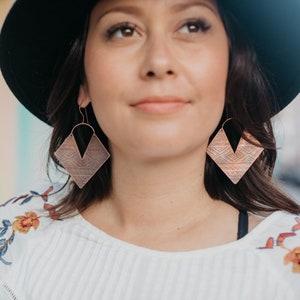 Aztec Patinated Copper Earrings / 14K Gold / Etched Copper Earrings / Boho Jewelry / Festival Jewelry / Tribal Jewelry / Women&#39;s Jewelry