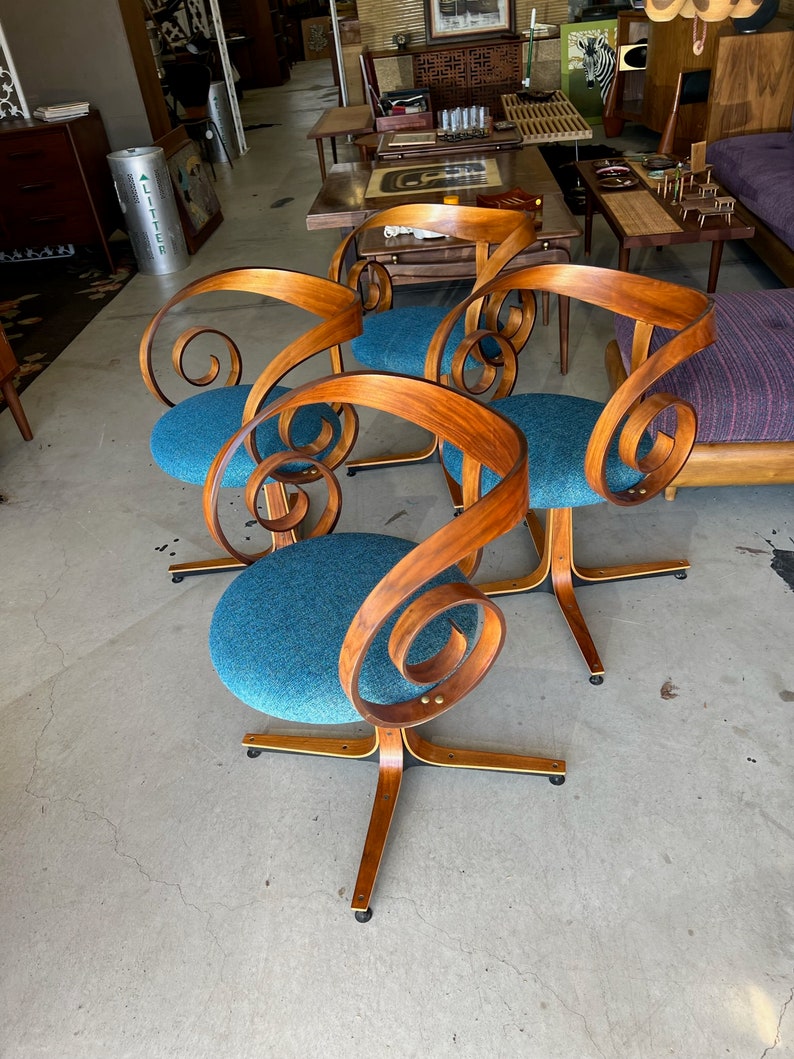 Mid Century Modern George Mulhauser for Plycraft Sultana Swivel Dining Chairs image 4