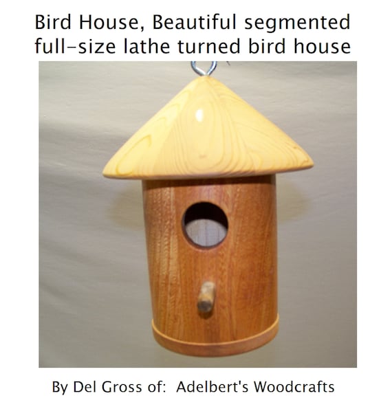 Full Size Birdhouse Lathe Turned Birdhouse with Cedar Top, Beech Wood body and Removable Bottom. Handmade Made in USA.