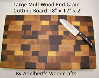 Cutting Board of Many Colors, Extra-Large Rustic 18" x 12" x 2" Thick End Grain Multi Wood Cutting Board Butcher Block.