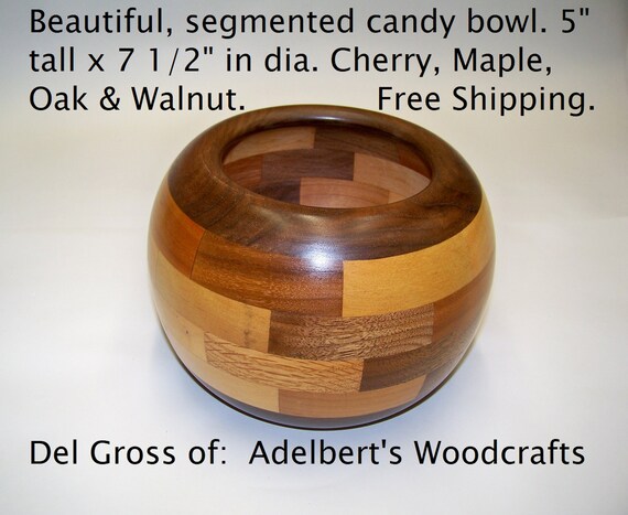 Beautiful, segmented candy bowl. 5" tall x 7 1/2" in dia. Cherry, Maple, Oak & Walnut. Free Shipping. USA.