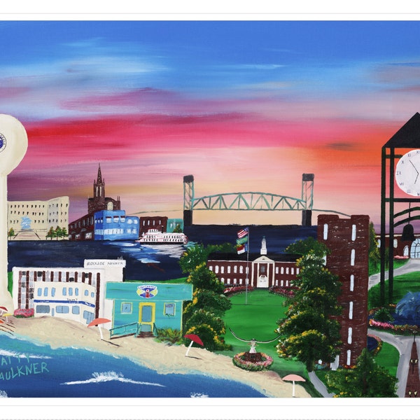 Wilmington, NC in color.  The City of Teal. fine art print. painting