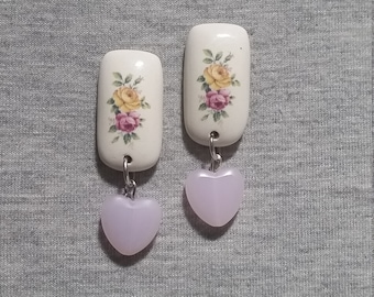 Handmade Earrings, Ceramic Jewelry, Unique Dangle Earrings, Graduation Gift, Flower Jewelry, Pink Heart Earrings, Handmade Jewelry