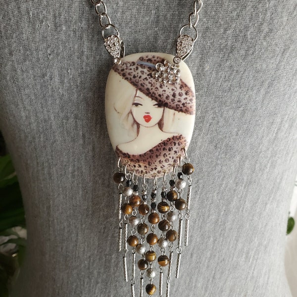 Handmade Necklace, Artsy Jewelry, Animal Print Necklace, Clay Pendant, Jewelry With Faces, Art Necklace, Unique Jewelry, Art To Wear