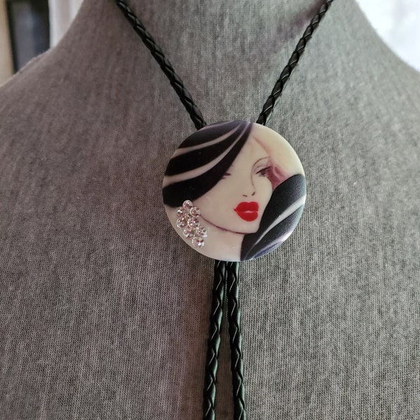 Handmade Bolo Tie, Ceramic Jewelry, Artsy Gift For Women, Unique Gift for men, Jewelry With Faces, Lariat & Necklace, Contemporary Jewelry