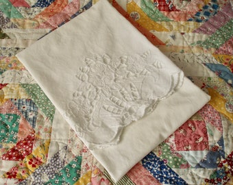 Vintage Single Pillowcase White on White Embroidery and Cutwork Shabby Chic Pillowcase Cottage Chic Pillow Slip