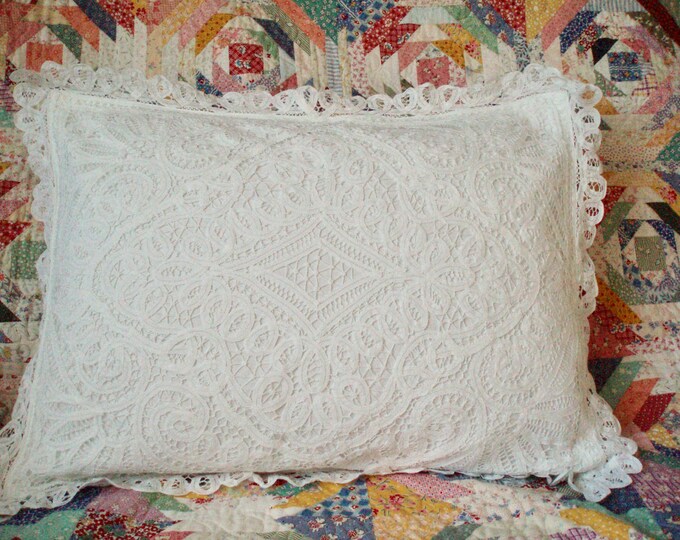 Vintage Queen Sized Battenburg Lace Pillow Sham Shabby Chic Pillow Sham