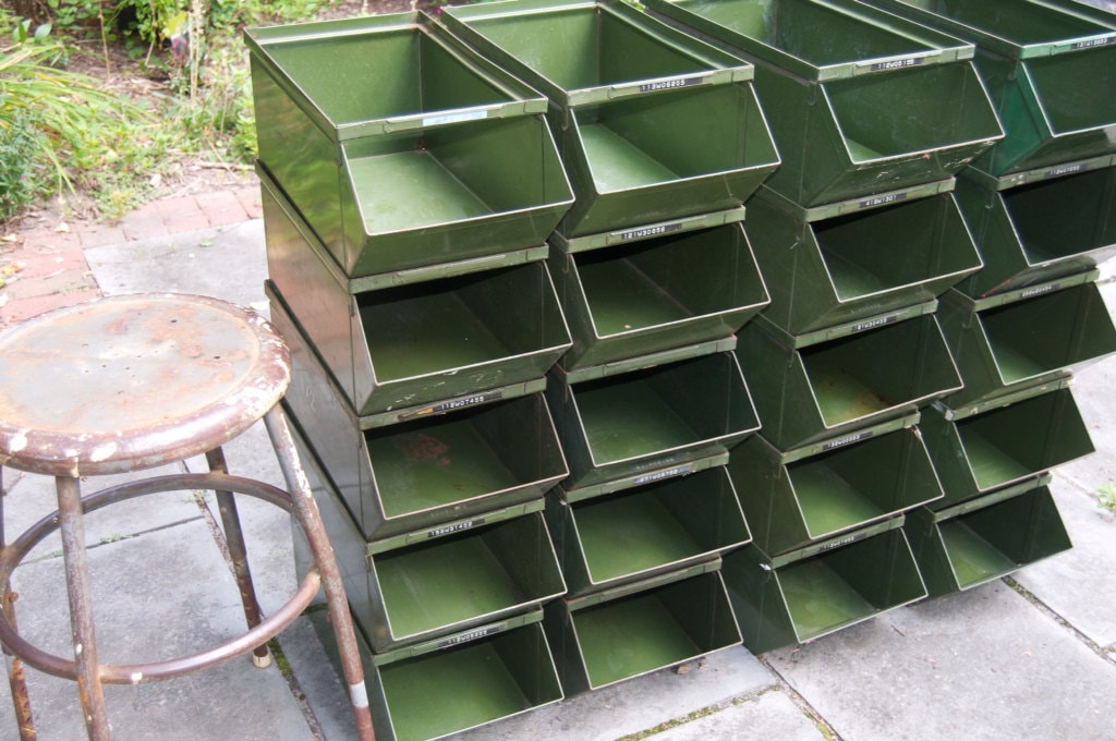 Large Vintage Industrial Green Metal Stackable Storage Bins Etsy