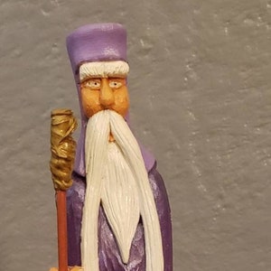 Folk Art Handcarved Handcrafted Wooden Wizard with Purple robe and wooden staff