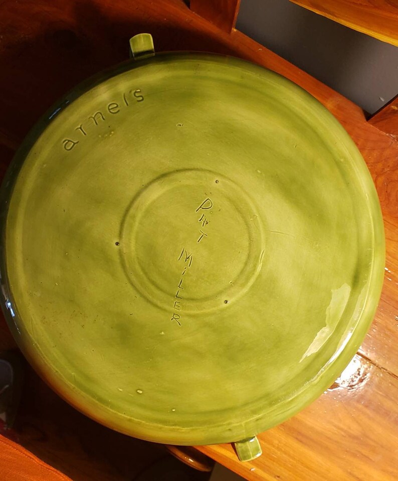 Vintage Arnel's Green Pottery Chafing Dish Signed Pat Miller. Mushrooms