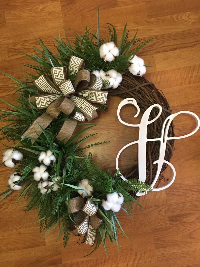 wreath with cotton Grapevine inital cotton wreath with mixed grasses and mix of burlap ribbon cottonwreath farmhouse cotton wreath,Wreat