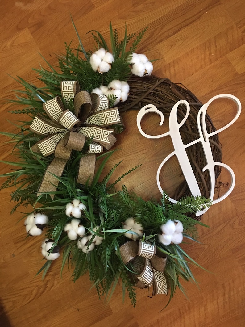 wreath with cotton Grapevine inital cotton wreath with mixed grasses and mix of burlap ribbon cottonwreath farmhouse cotton wreath,Wreat