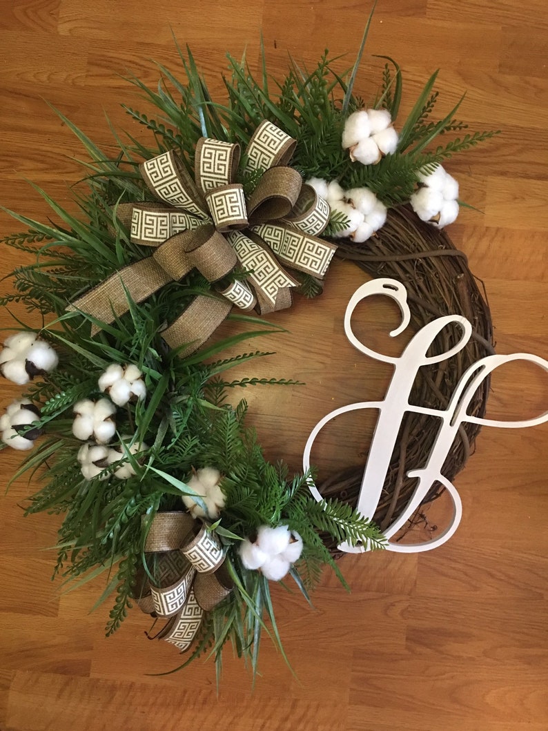 wreath with cotton Grapevine inital cotton wreath with mixed grasses and mix of burlap ribbon cottonwreath farmhouse cotton wreath,Wreat