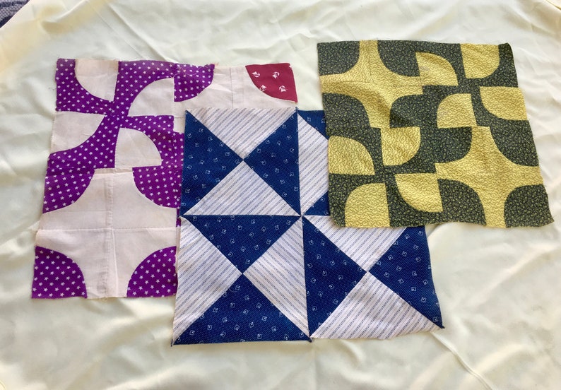 3 Vintage Antique Calico Fabric Large Quilt Blocks