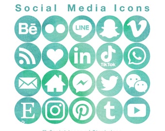 20 Web & Blog Social Media Icons - White on Seafoam Watercolour, Perfect Circles - PNG files