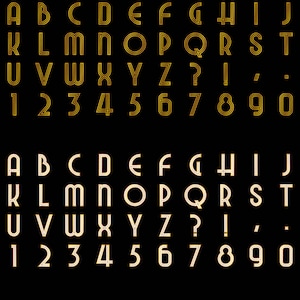 ゴールド アールデコ アルファベット クリップアート、20 年代デコ、 - 2 つのバージョン ゴールド ブラック、ゴールド ホワイト - UC および LC 文字、数字 - デジタル コラージュ、PNG