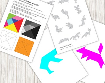 Animal Tangram Puzzles - 12 animal patterns - PDF, Printable Instant Download