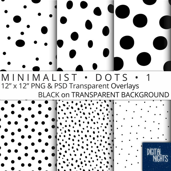 Minimalist Dots - Black on Transparent Background, Digital Paper Overlay, 12"x12", 300 dpi PNG, PSD, Printable, Instant Download