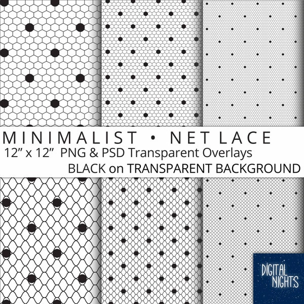 Minimalist - Net Lace Dot Transparent Overlays - Black on Transparent, Digital Paper, 12'x12", 300 dpi PNG, Printable, Instant Download