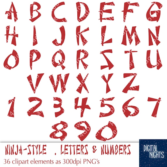 Red Ninja Alphabet - 36 Ninja Style Letters and Numbers