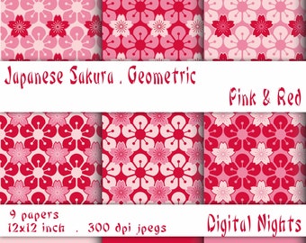 Sakura japonais - Fleur de cerisier stylisée comme motif géométrique en rose et rouge - Papier numérique, 12'x12 », 300 dpi JPG, Imprimable