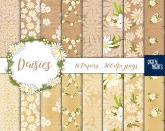 Daisies Digital Paper - 16 Daisy Papers White Cream Flowers on Kraft Papers - Romantic Wedding Floral Digital Papers Instant Download