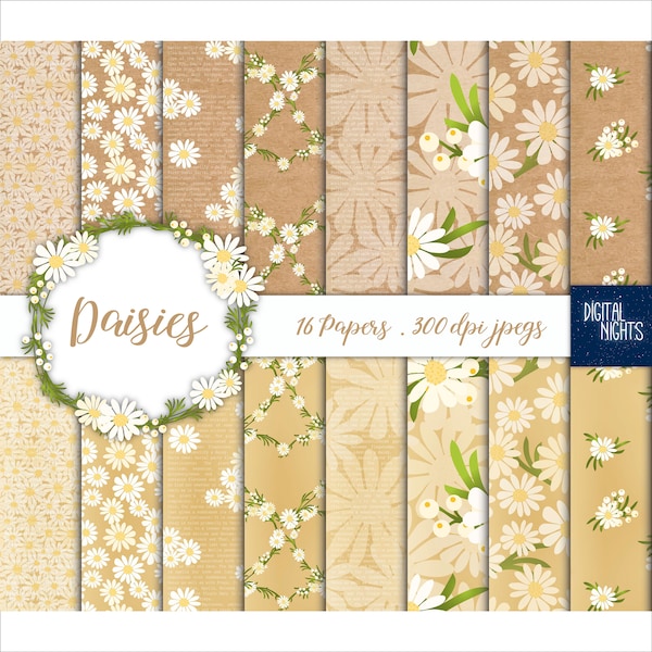 Daisies Digital Paper - 16 Daisy Papers White Cream Flowers on Kraft Papers - Romantic Wedding Floral Digital Papers Instant Download