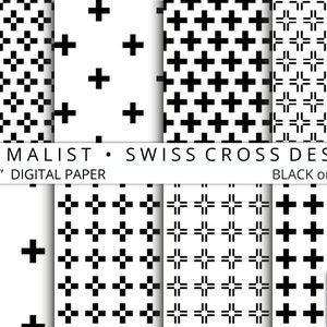 Minimalist Swiss Cross Design - Black on White, Digital Paper, 12&quot;x12&quot;, 300 dpi JPG, Printable, Instant Download