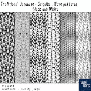 Japanese Seigaiha in Black & White, Digital Paper Seigaiha, 12'x12", 300 dpi JPG, Printable